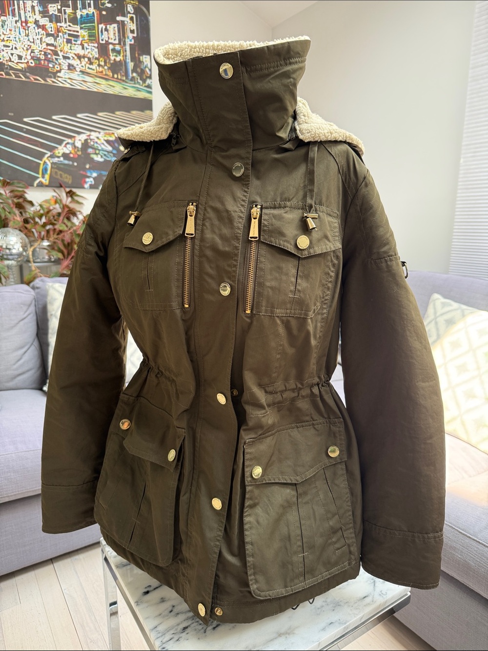 MICHAEL Michael Kors Olive Green Utility Jacket with Shearling Trim